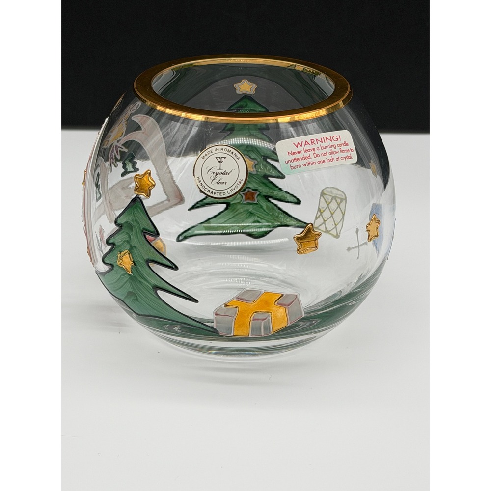 Crystal Clear Handcrafted Christmas Village Glass Bowl Gold Rim Made in Romania